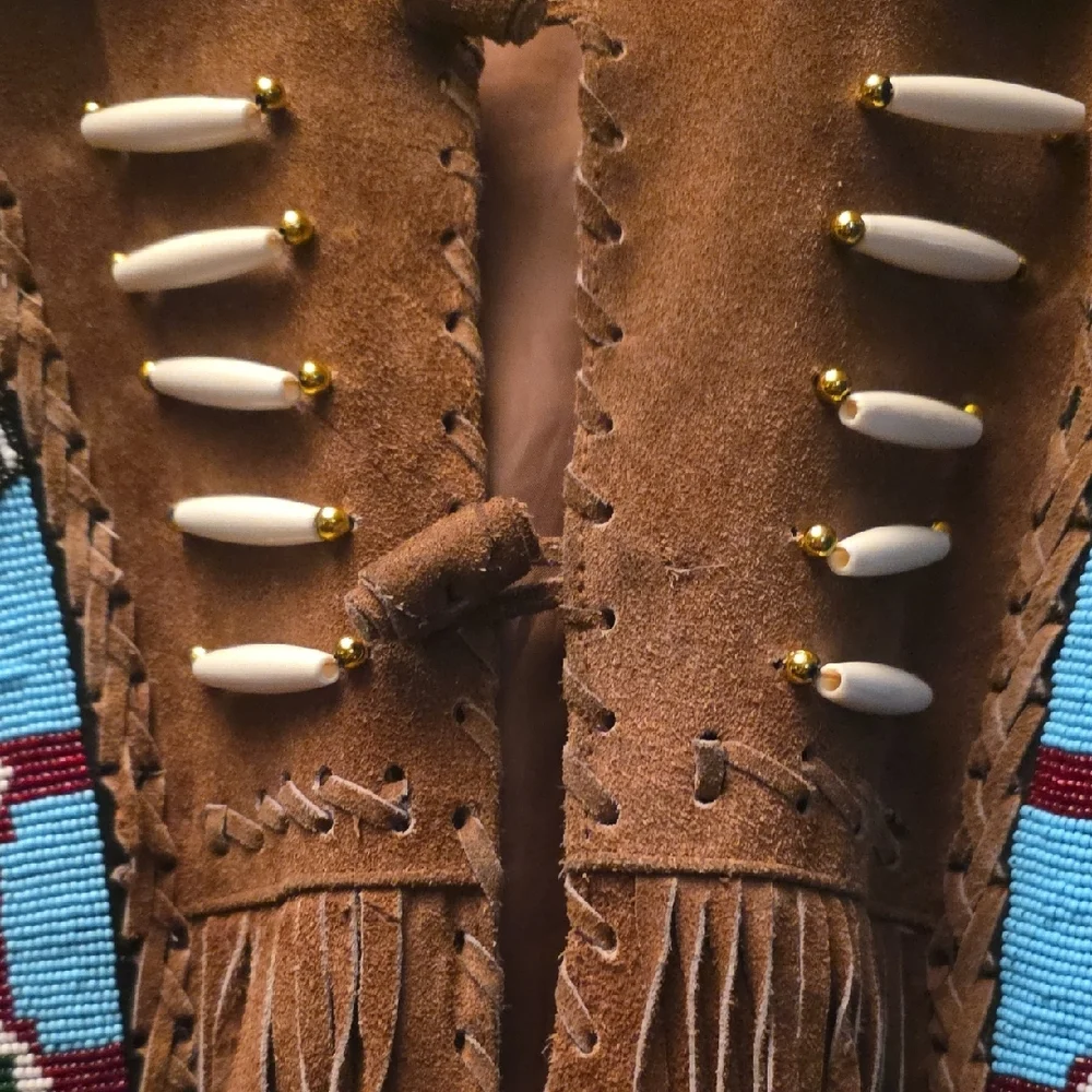 Embroidered Brown Leather Jacket with Blue Details - Picture 7 of 13